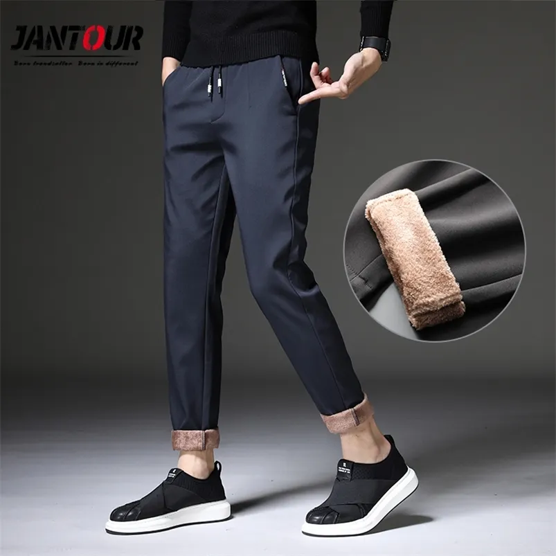 Herren Winter Fleece Warme Hosen Männer Koreanische Casual Slacks Schlank Dick Für Männer Mode Schwarz Grau Hosen Männlich 210715