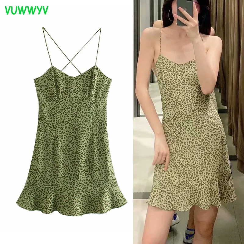 Groene print slip backless mini jurken voor vrouwen zomer dunne riemen ruche vrouw jurk terug elastische partij korte vestidos 210430