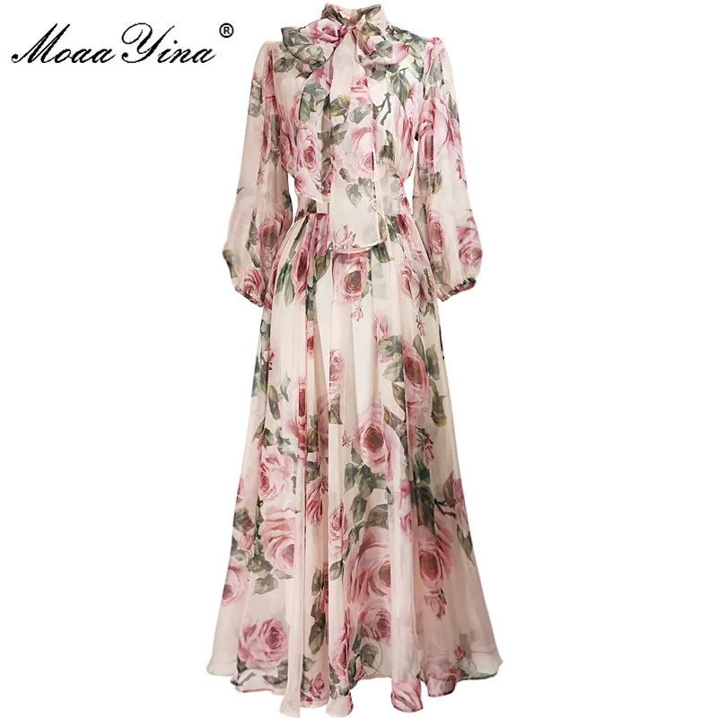 Moaayina Spring Sumperファッションデザイナードレス女性のドレス弓襟ローズ花柄エレガントな休暇シフォンドレスx0521