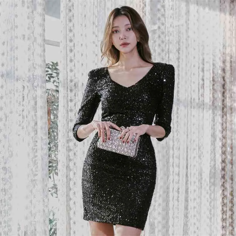 Sequins Office Mini korean ladies Sexy 3/4 SLeeve V neck Elegant formal Tight party Dress for women china clothin 210602