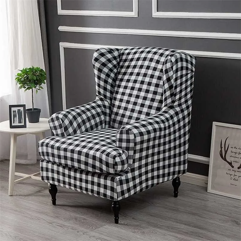 Plaid Dustproof Sloping Arm King Back Chair Cover Elastic Armchair Wingback Wing Sofa Dining Stretch Protector 211116