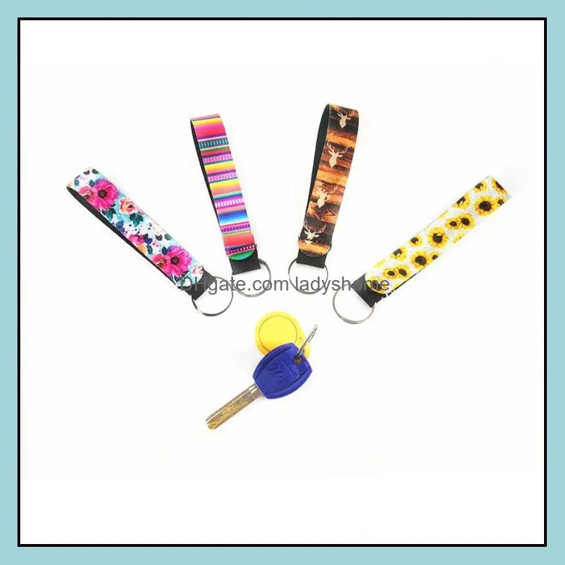 Neoprene wristlet keychain printed wrist key belt sunflower strip leopard lanyard key ring long diving material keychains HWE6612