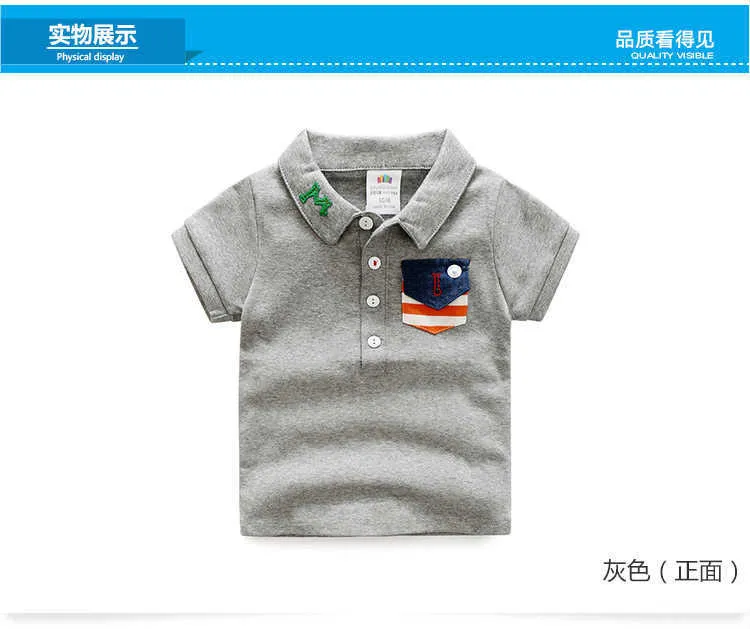 Baby Children Clothing Casual Cotton Short Sleeve Turn-Down Collar Gray White Solid Color Pocket Kids Little Boys T Shirts (7)