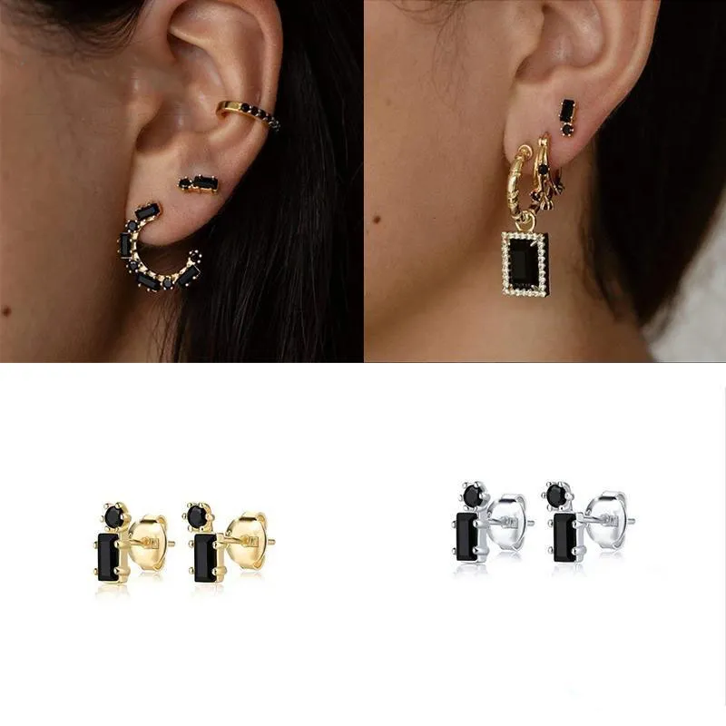 Mode Mini Oorbellen Set voor Vrouwen 925 Sterling Silver Square Black Diamond Stud Gold Wedding Jewelry