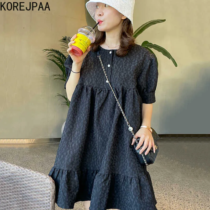 Korjpaa Kvinnor Klänning Sommar Koreanska Chic Vintage Elegant O Neck 3-Row Button Loose Textured Bubble Sleeve Hem Vestido Kvinna 210526