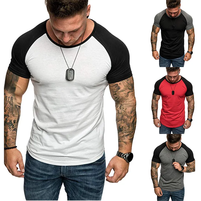 T-shirt à manches courtes pour hommes, haut de musculation, de Fitness, de Sport, décontracté, imprimé bloc de couleurs