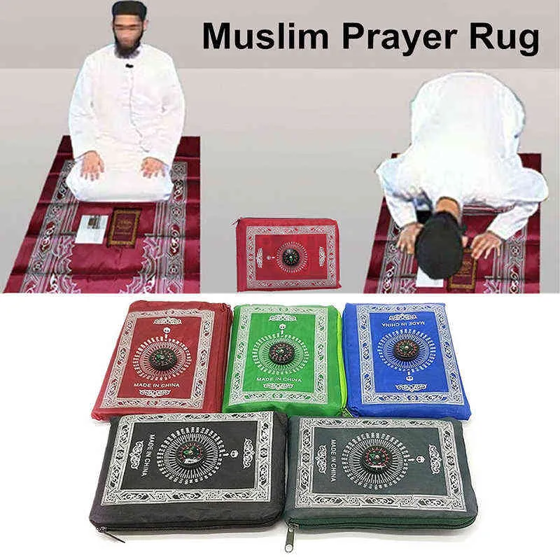 Muslim Bön matta Polyester Portable flätade mattor skrivs helt enkelt med kompass i påse resa hem ny stil mat filt 100 * 60cm