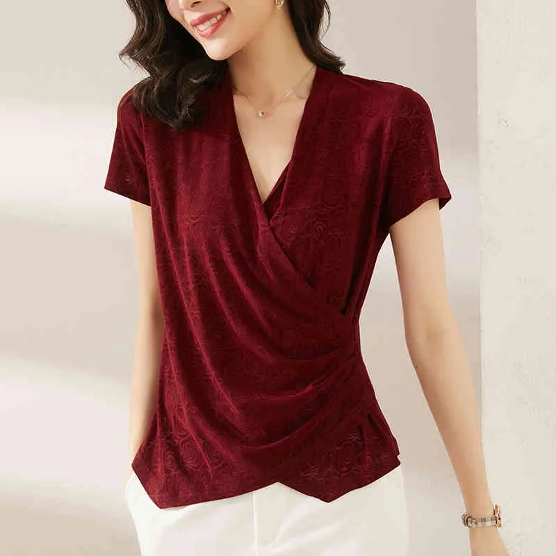 Korean Women's Shirt Knitted Chiffon Blouses for Women Short Sleeve Female Top Red V-neck Blouse Woman OL 210427