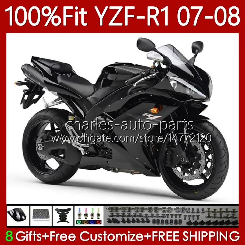 Kit de carénage OEM pour Yamaha 100% Fit YZF-R1 YZF1000 YZF R1 2007-2008 Corps 91No.179 YZF-1000 YZF R 1 1000 CC YZFR1 07 08 1000CC 2007 2008 Moulage par injection Carrosserie Noir mat