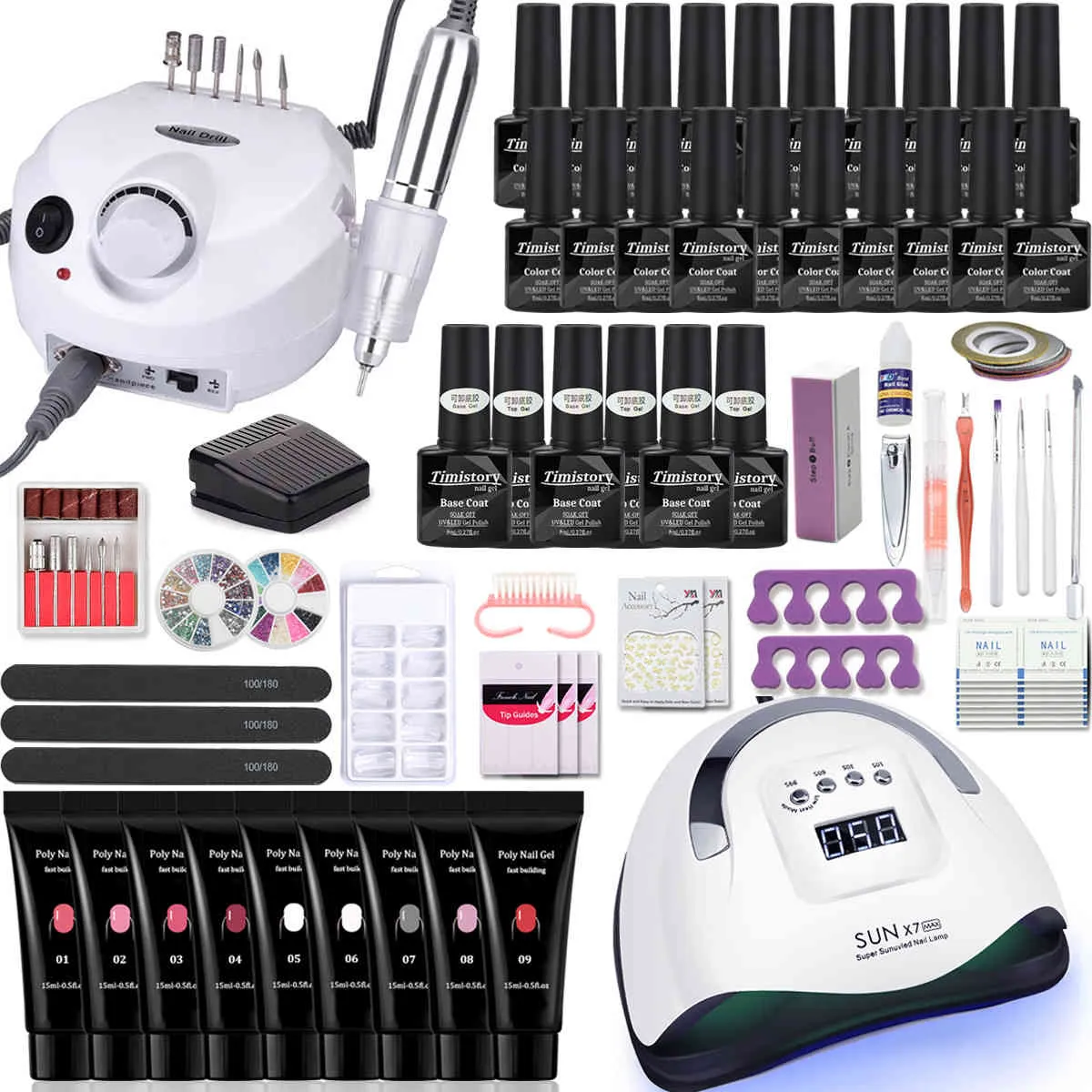 Manicure With 114W/120W/54W Led Lamp 35000RPM Drill Machine 20/10 Colour Poly Extension Nail Gel Set