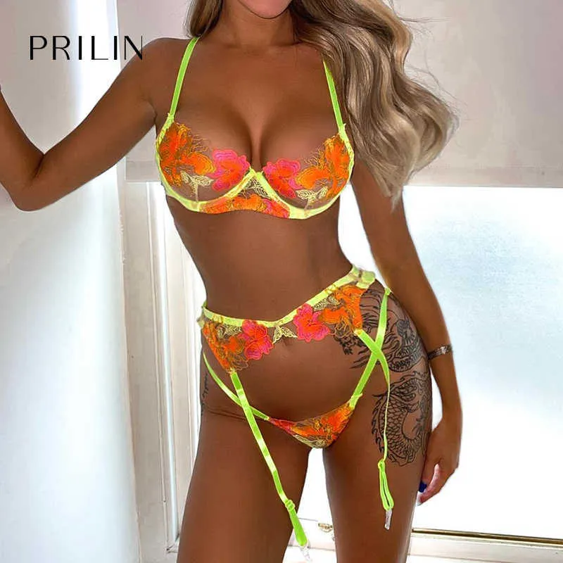 Prilin Mulheres Sexy Lingerie Set Transparente Bordado Floral Push Up Bra Panty Garter Cintos Tentação Erótica Sensual Underwear Y0911