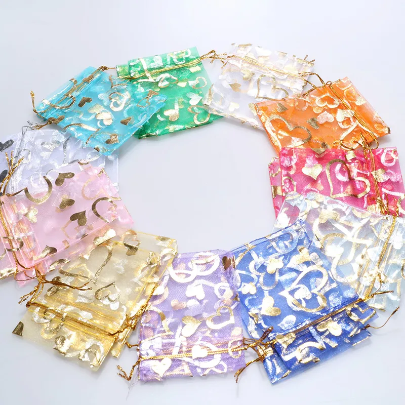 100pcs lot7x9 9x12cm Gold Print Organza Bag Wedding Drawable Organza Voile Packaging Bag Silk Pouches Packet Jewelry Bag Wholesal286t