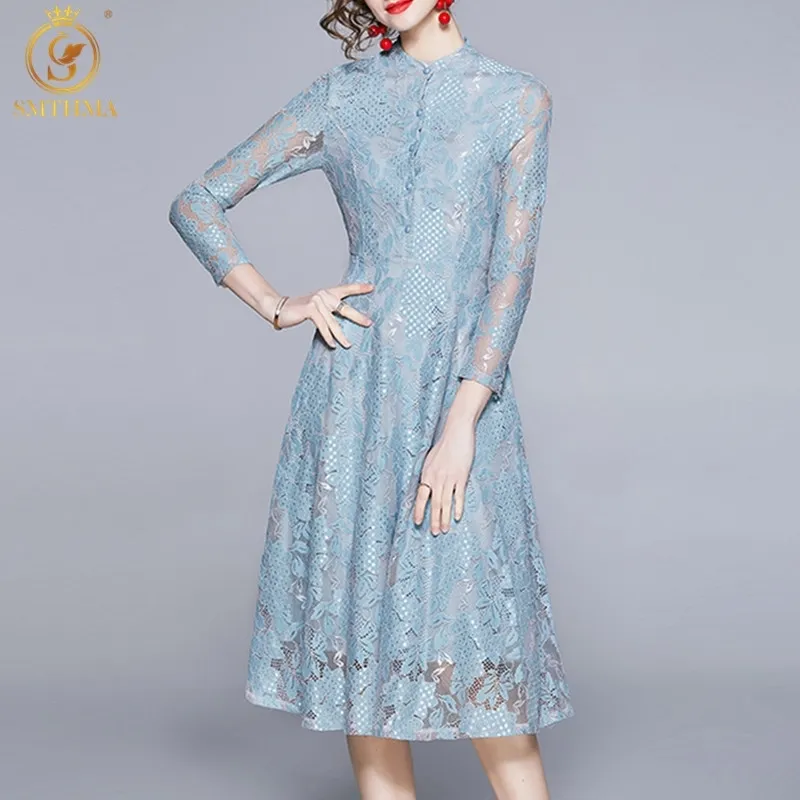 Mode Designer Vår Elegant Lace Hollow Out Klänningar Robe Kvinnor O-Neck Slimtemperament Vintage Midi Dress 210520