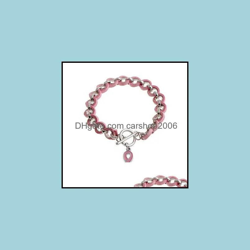 Pink Ribbon Charm Bracelet Breast Cancer Awareness Wake Bracelets Love Ribbon Woven Leather Bracelet for Women Jewelry Accessories