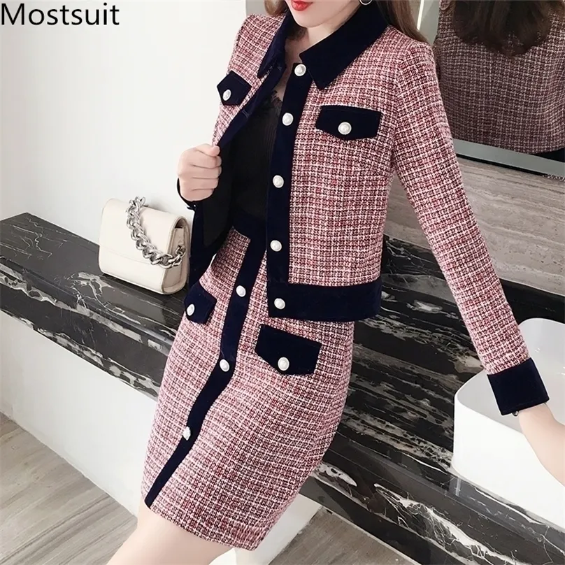 Winter Women Tweed Vintage Two Piece Skirt Suits Sets Buttons Coat And A-line Outfits Elegant Fashion 2 220302