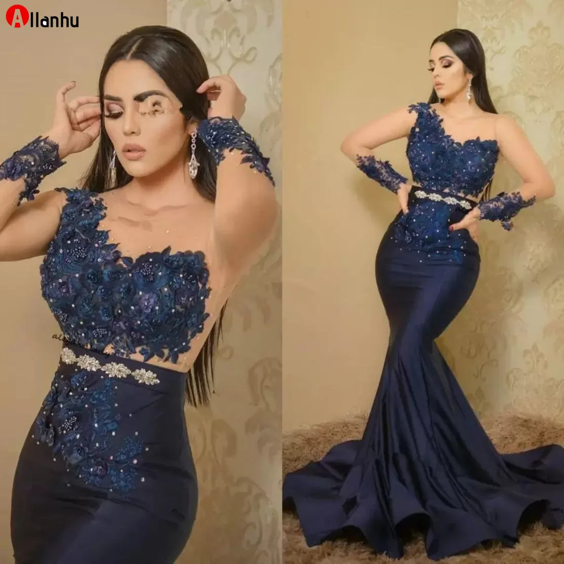 Sexy Navy Blue Mermaid Evening Dresses Lace Beaded Prom Dress Sheer Neck long sleeve Formal Party Second Reception Gowns WJY591