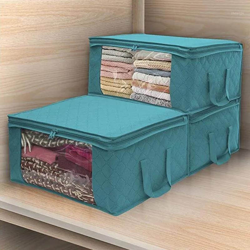 Förvaringspåsar Kläder Arrangör Bag Folding Non Woven Clear Window Clothes Blanket Quilt Closet Boxes