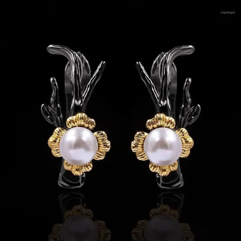 Stud Original Retro Art Inlaid Pearl Flower Earrings Personality Sweet Two-tone Black Gold Ladies Silver Jewelry