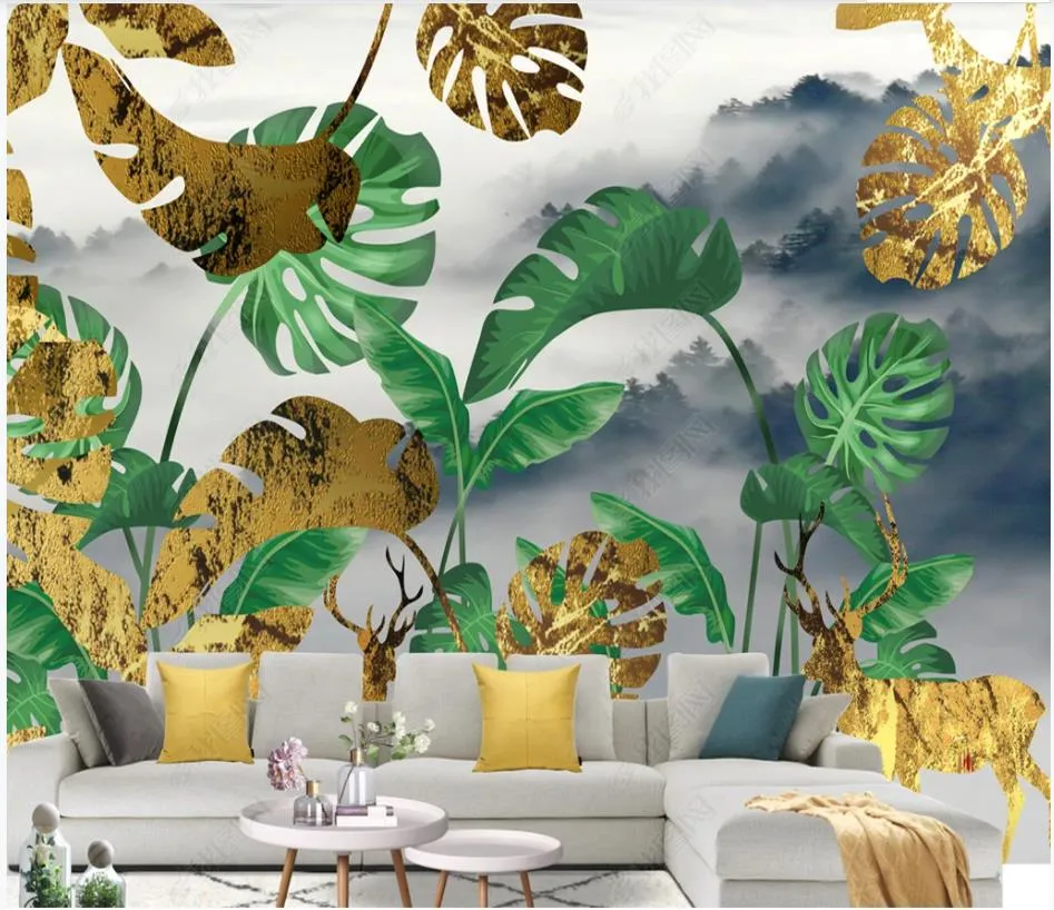Personnel Photo Fonds Fonds d'écran 3D Papier peint Moderne Golden Deer Forêt Plant Fond de fond Mur mural Décoration Peinture