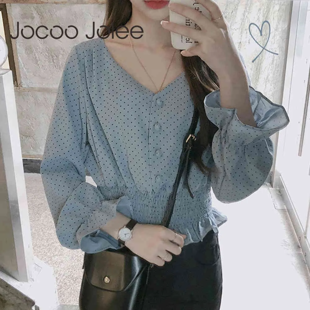 JOCOO Jolee Kadınlar Kore Tarzı Polka Dot Ruffles Şifon Bluz Uzun Kollu V Boyun Düğmeler Gömlek Kadın Zarif Sevimli Kırpma Tops 210518