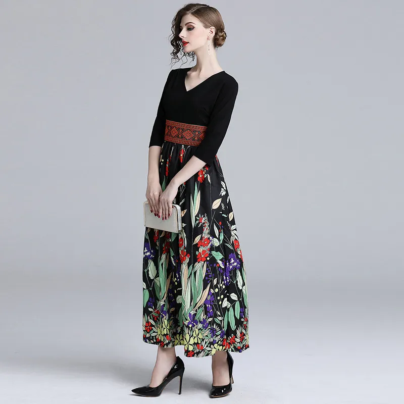 VKBN Women's Empire Empire waist dress Up with Print - Three Quarter Knee-Length V-Neck Empire Style for Spring and Summer (210507)