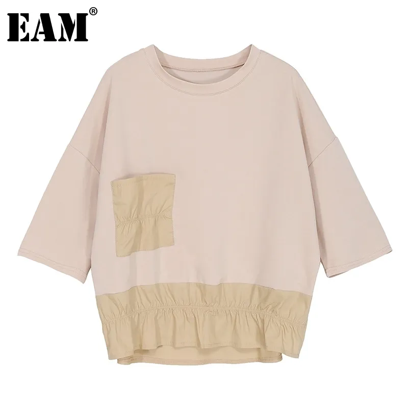 [EAM] Kadın Kayısı Büyük Boy Cep Pileli Asimetrik T-Shirt Yuvarlak Boyun Kısa Kollu Moda İlkbahar Yaz 1dd6973 21512