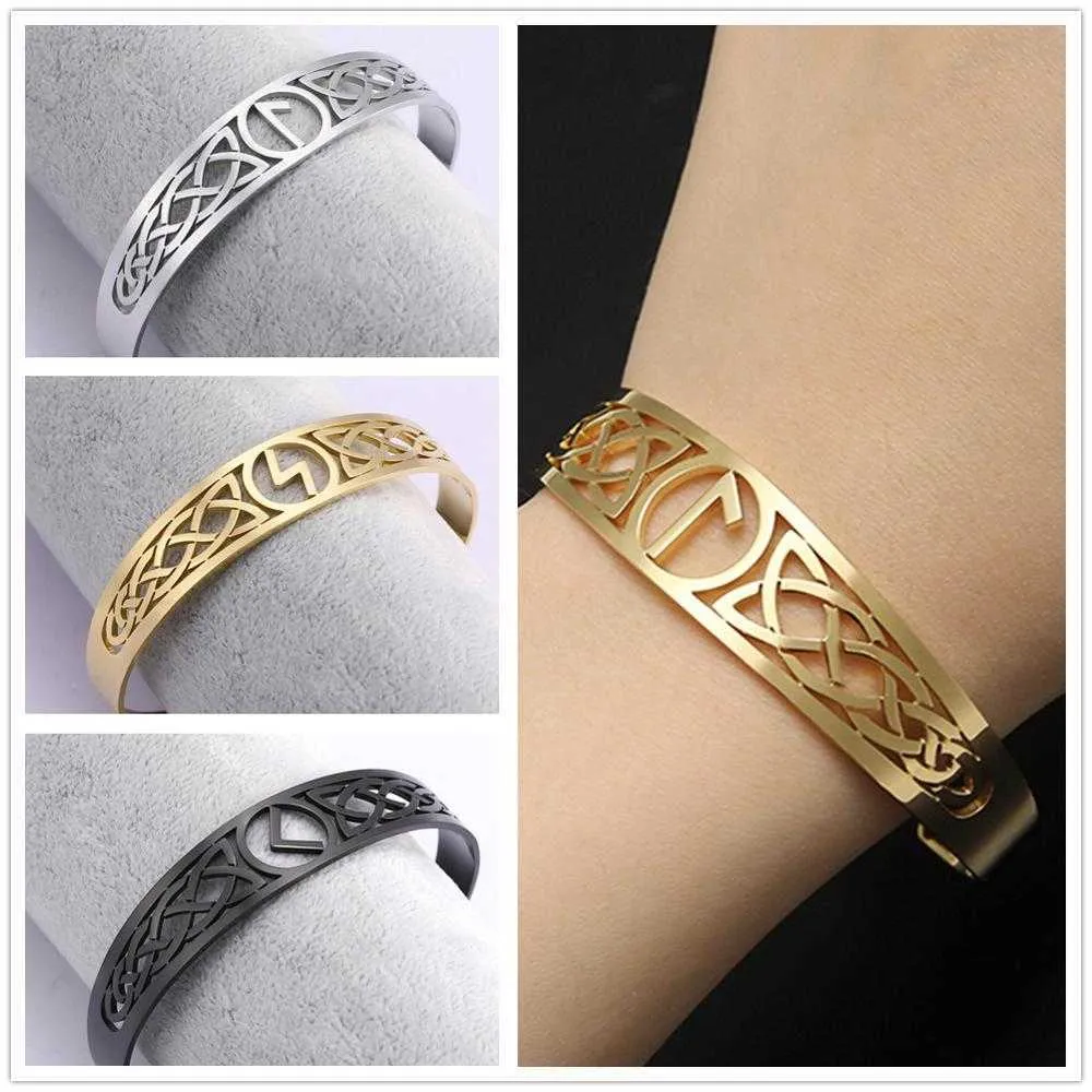 Skyrim Stainless Steel 24 Odin Runes Bangles Irish Celtics Knot Nordic Letter Black Golden Cuff Bracelets Jewelry for Women Men Q0719