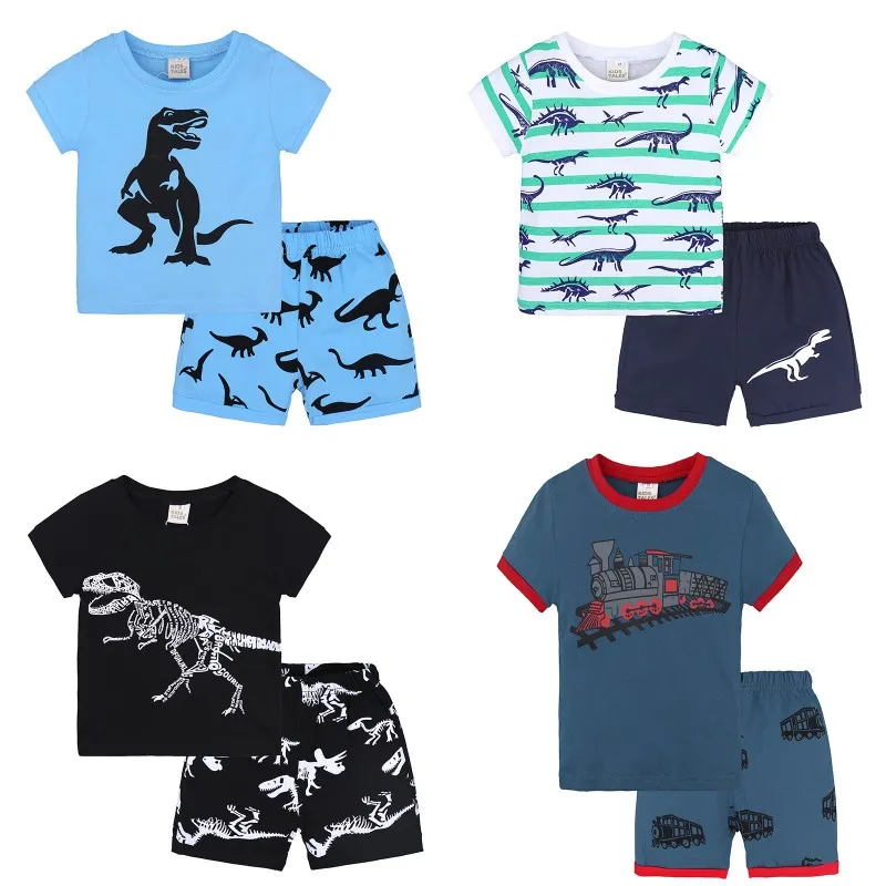 2pcs Baby Boy Letter Print Short-sleeve T-shirt and All Over Dinosaur Print Shorts Set