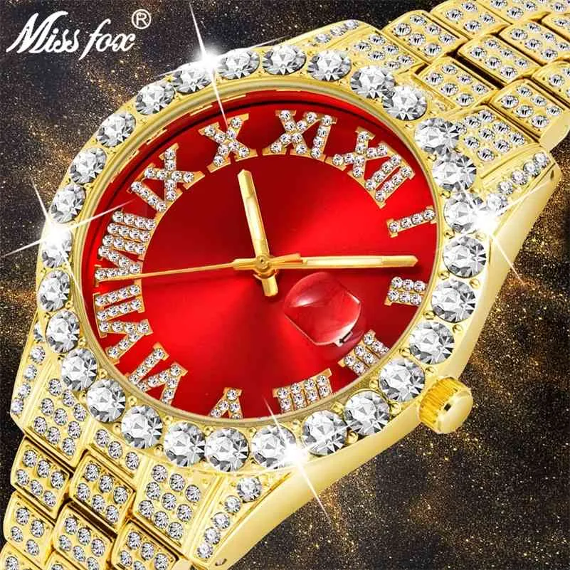 Missfox Herenhorloges Moderne Diamond Waterdichte Rode Horloge Mannen Topmerk Luxe 18 K Gold Man Watch Analoog Quartz Horloge Heren 210329