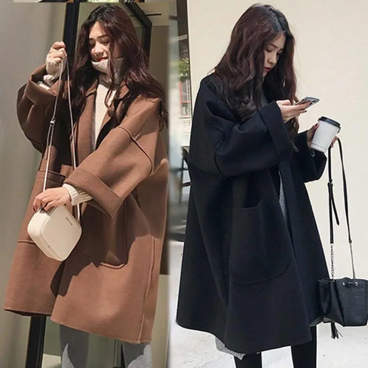 Combinação de Lã Feminina Marca Outono Inverno Feminino Casaco Perfil Solto Sobretudo Longo Grande Manga Coreana Quente Parka de Lã