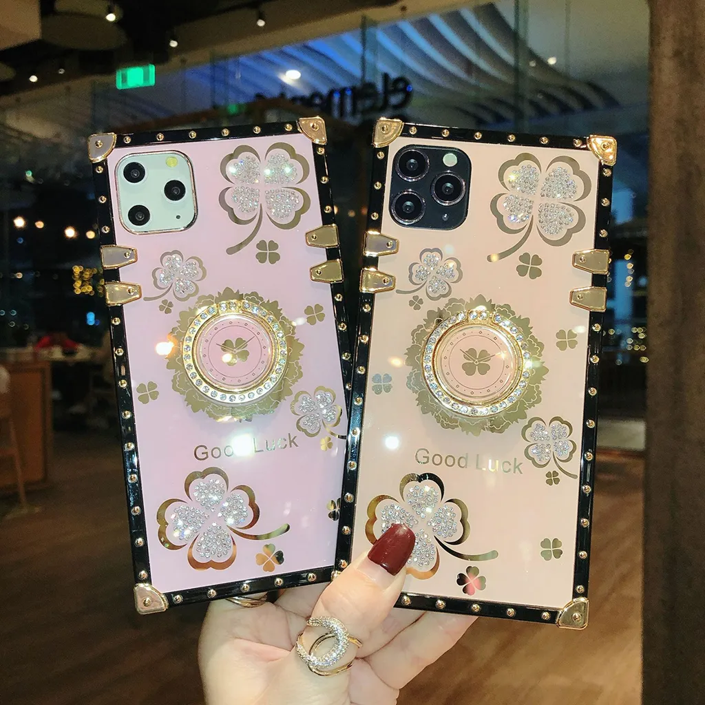 Vier Bladklaver Rhinestone Ring Houder Schokbestendige Mobiele Telefoon Gevallen voor iPhone 13 12 11 Pro Max XR XS 8 7 Plus Kickstand Good Luck Cover