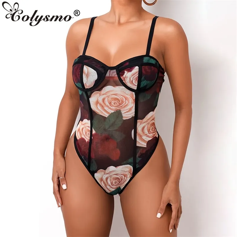 Colysmo Corset Mesh Bodysuit Women See Through Rose Print Sleeveless Button up Spaghetti Strap Slim Fit Romper Sexy 210527