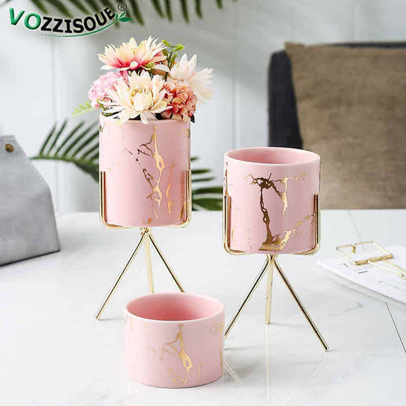 Ins Marble Gold Pattern Succulent Round Pot Iron Ceramic Flowerpot Makeup Pen Holder Simulation Flower Hydroponic Container Set 210615