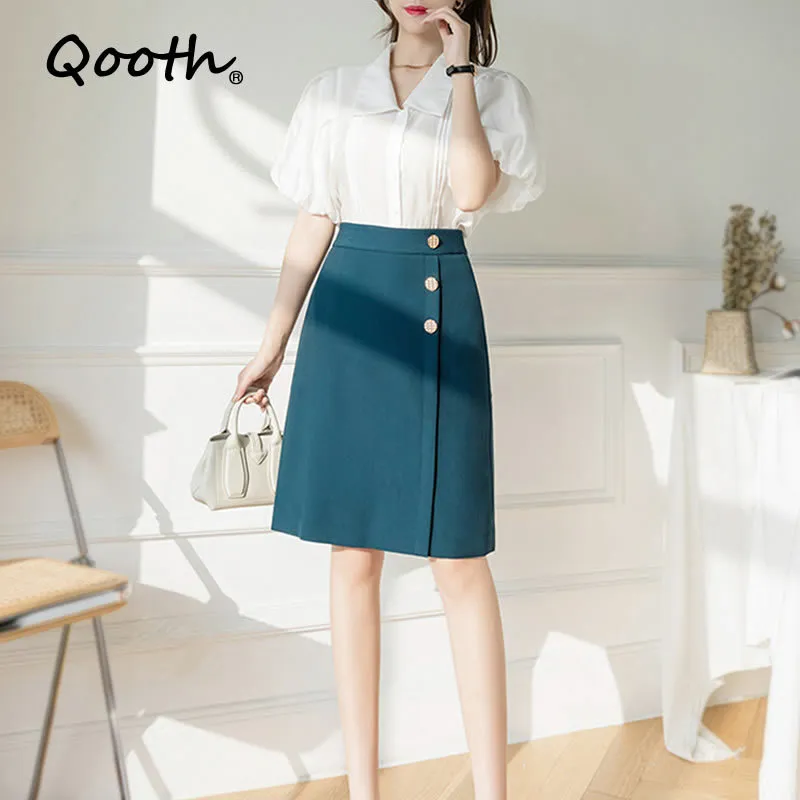 Qooth Rétro A-Line Jupe Style coréen Bureau Lady Jupe mi-longue Taille haute All-Match Slim Button Fashion Jupe QT535 210518