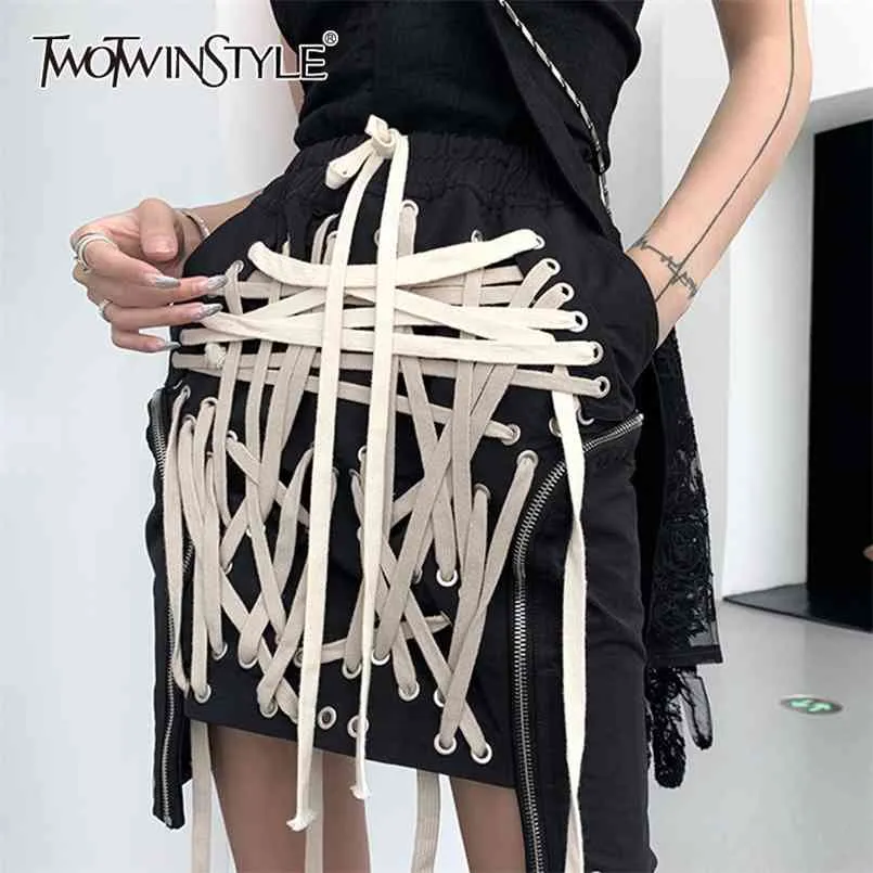 Bandage décontracté croix Mini jupe pour femmes taille haute noir Streetwear jupes femme mode vêtements été 210521