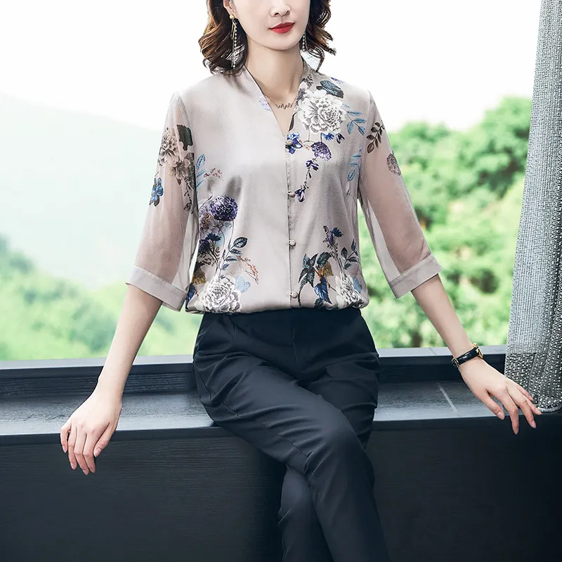 Conception coréenne soie femmes Blouses chemise femmes Satin chemise élégante femme imprimé Blouse chemise femme V Ncek soie maille hauts Plus