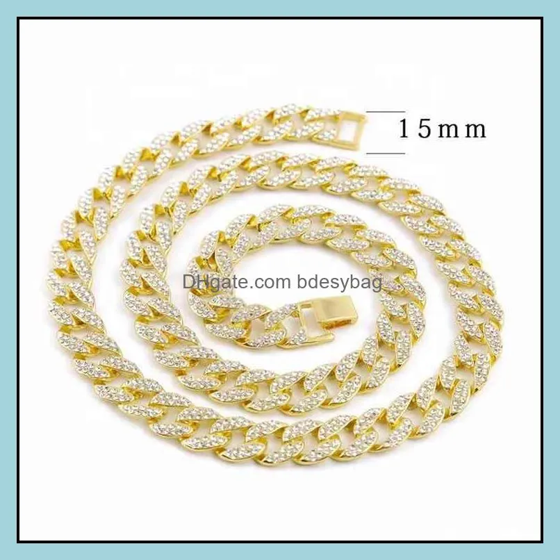 Bling Rhintone Golden Finish  Cuban Link Chain Necklace Men`s Hip hop Necklace Jewelry