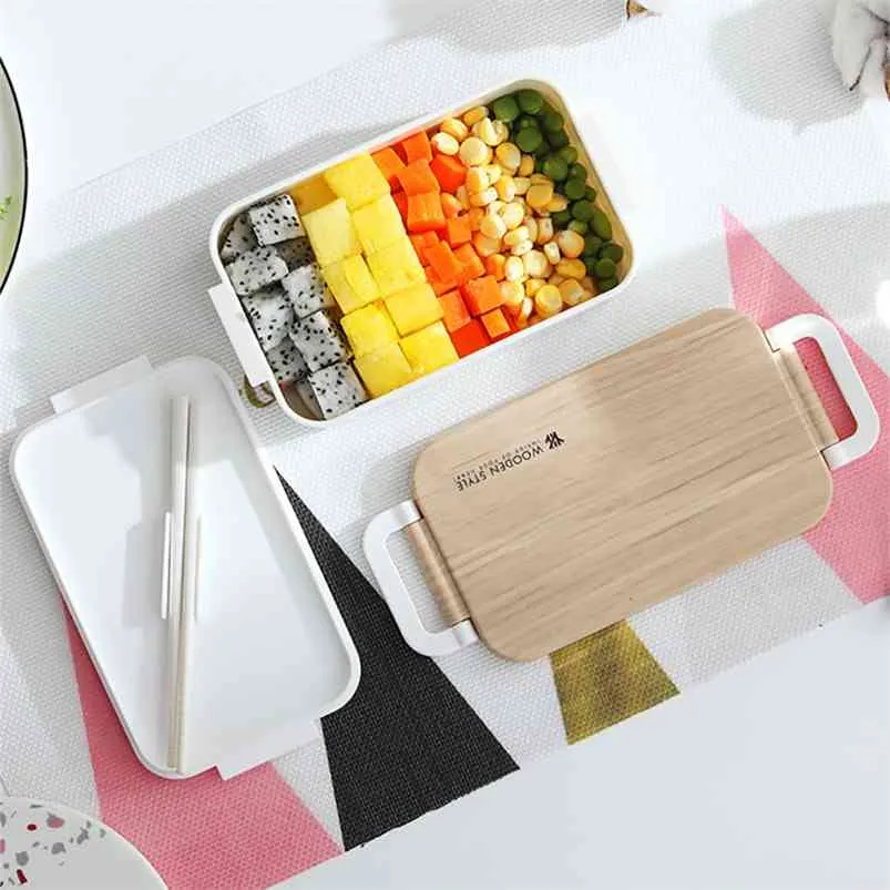 Japoński mikrofalówka Lunch Box Drewniany Sałatka Bento Food Container Portable Do School Picnic Office Camping 210423