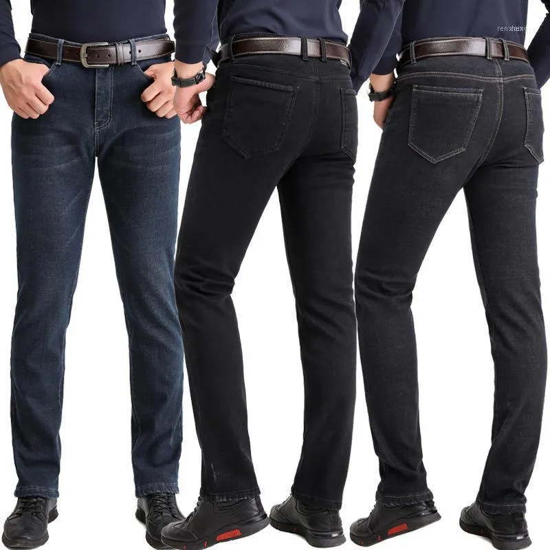 Heren jeans winter hoge taille elastische rechte slanke warme fleece cowboy broek plus fluwelen dikker mannen denim broek