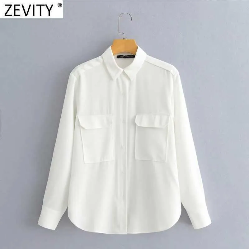 Zeefity Women Simply Double Pocket Patch Business Shirt Office Lady Turn Down Collar Blouse Roupas Chic Chemise Tops LS9290 210603