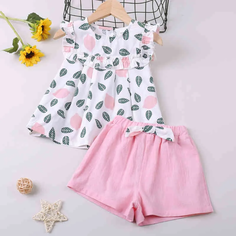 Set di vestiti per bambina Top senza maniche con stampa foglia per bambini + pantaloncini con fiocco Abito estivo in 2 pezzi casual Bambina 2-6 anni 210515