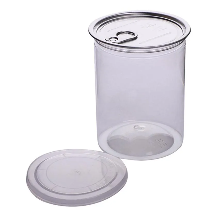 485ml 85 * 100mm Wyczyść plastikowe Jar Pet with Pull Ring Metal Did AirTight Tin Can Can Food Herb Container Pakiet Ocean Statek