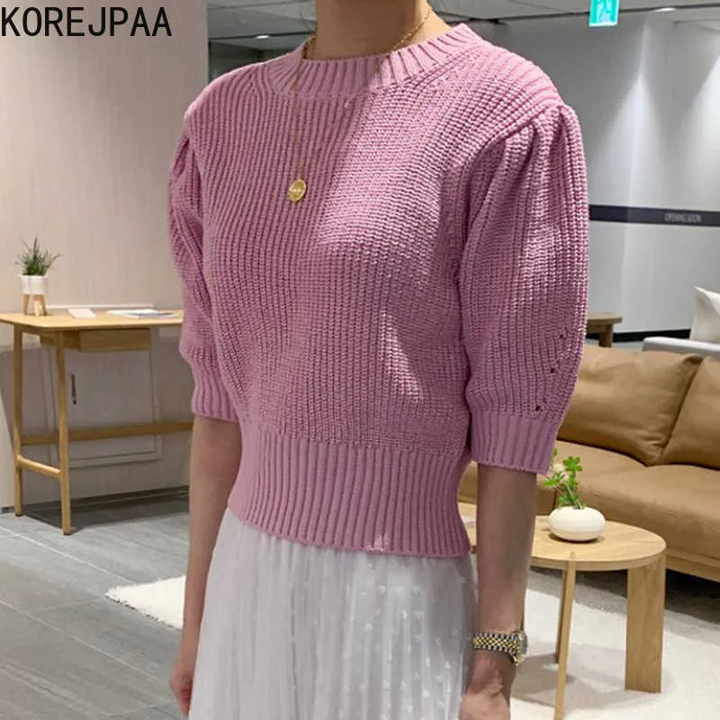 KOREJPAA Mulheres T-shirt Verão Coreano Brincalhão Age-Reduzindo Candy Color Redondo Pescoço Slim Cintura Sochila Sleeve Tricotadas Pulso 210526