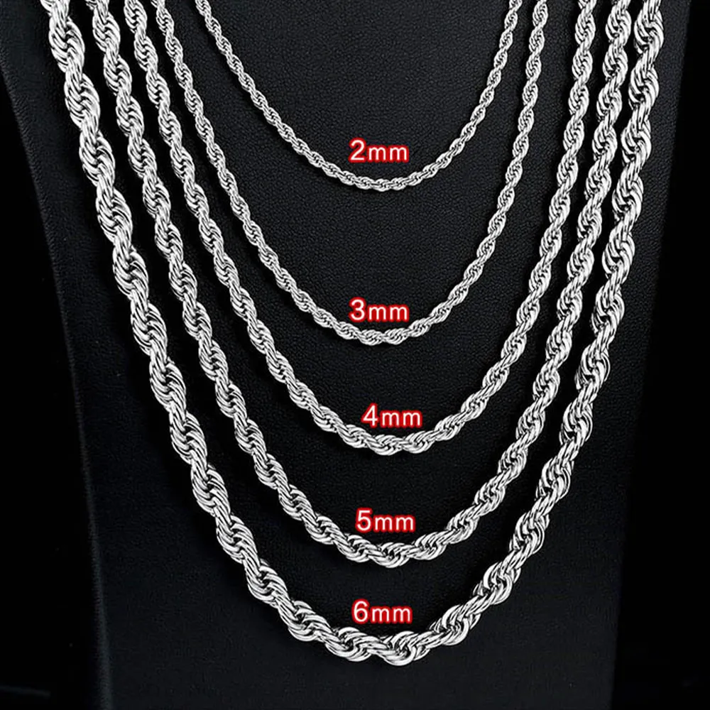 2 mm-5 mm roestvrijstalen ketting gedraaid touw ketting link voor mannen vrouwen 45 cm-75 cm lengte met fluwelen tas