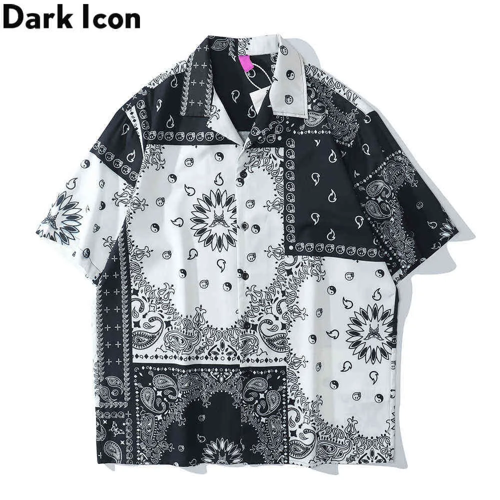 Dark Icon Nero Bianco Colore Contrasto Camicia Bandana Uomo Street Fashion Polo Hawaiian s Man 210721