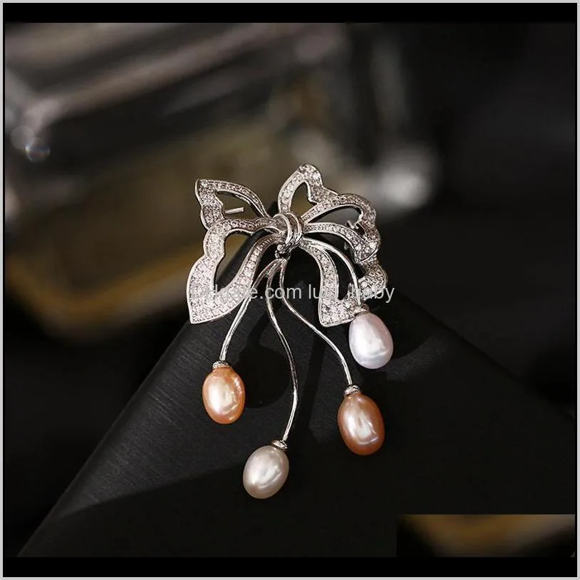 2020 zircon bow pearl brooches pins for women new korea fashion wedding corsage jewelry gold plated suit brooch silk scarf buckle