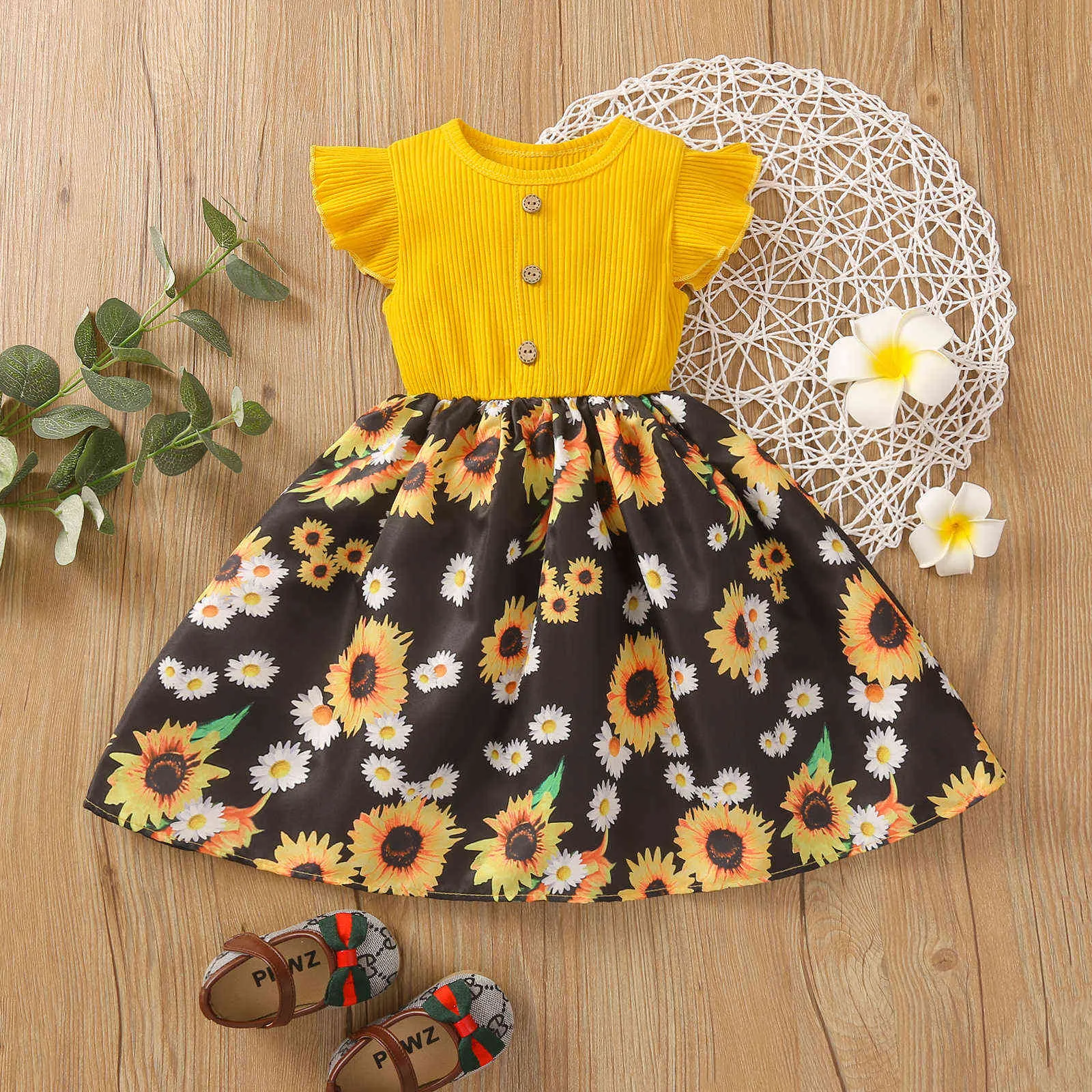 FOCUSNORM 2-7 Jahre Kinder Mädchen Sommerkleid Rüschen Fliegenärmel Knopf Sonnenblumendruck Nähte A-Linie Prinzessin Kleid Q0716