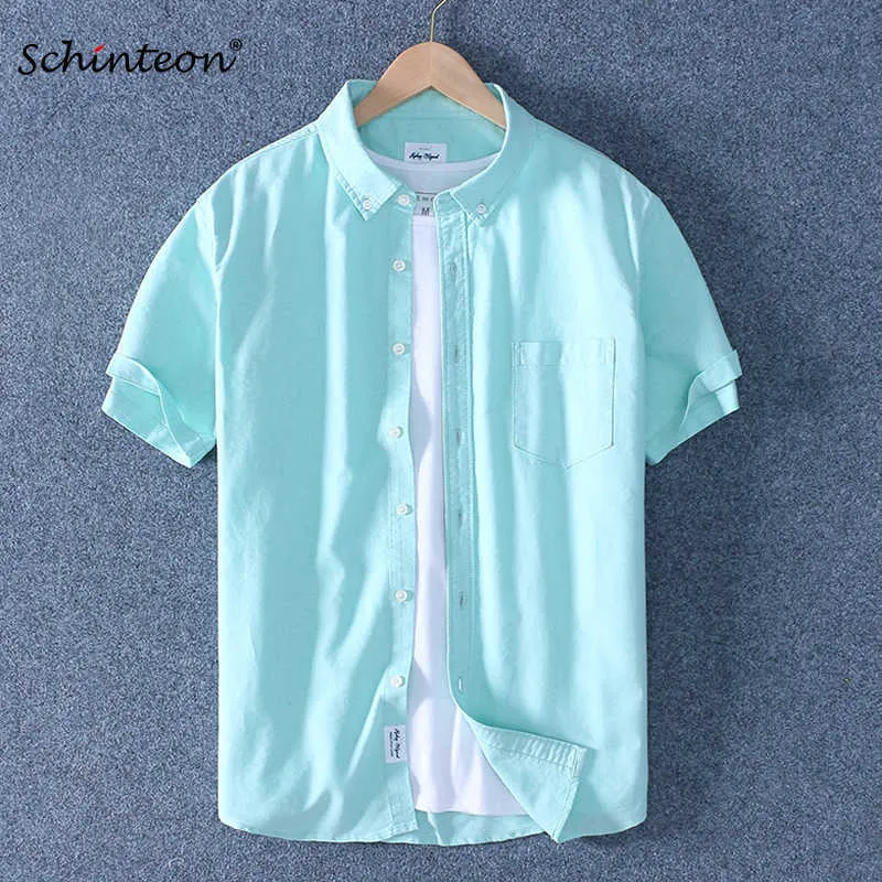Brand Schinteon Men Summer 100% Cotton Shirt Oxford Short sleeved Smart Casual Slim Turn-down Collar Arrival 210721
