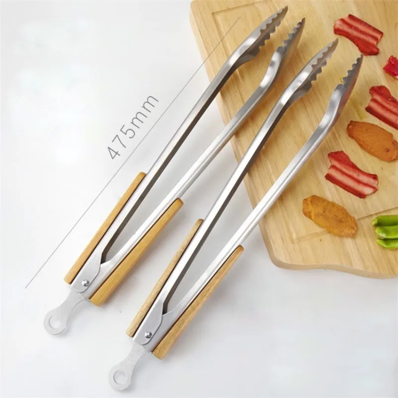 Stainless Steel BBQ Tongs Kitchen Heat Resistant Wood Handle Larger Tong Outdoor Tools Clips Barbecue Clip Clamp 210423