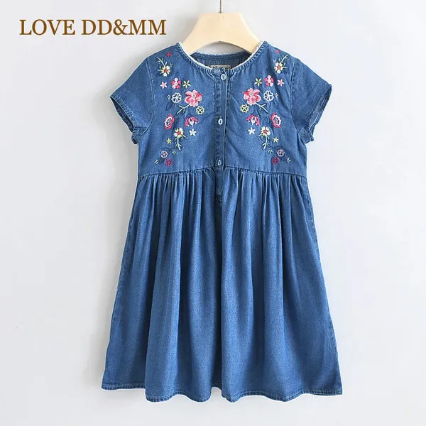 Aşk DDMM Kızlar Elbiseler 2021 Yeni Çocuk Giyim Çiçek Nakış Kısa Kollu Denim Elbise Kız Giyim Kostüm Q0716
